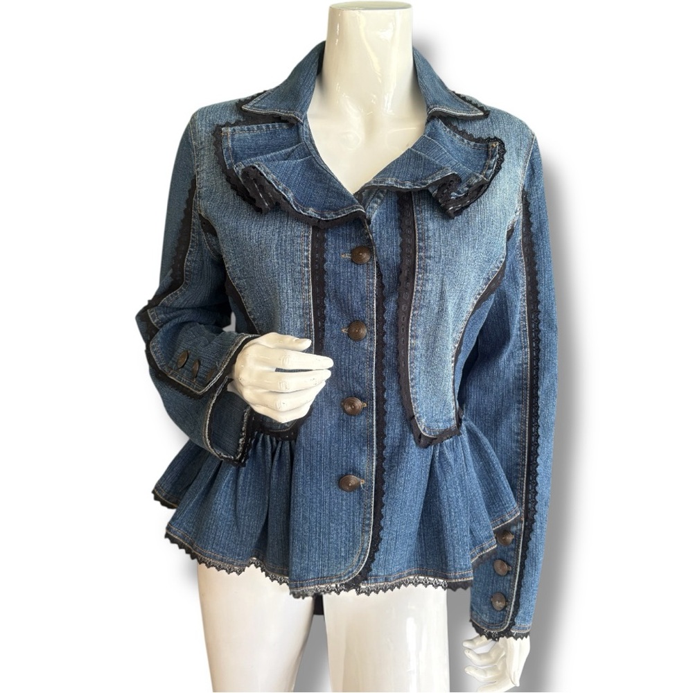 New Identity Blue Peplum Flare Denim Jacket. Women’s Size Medium